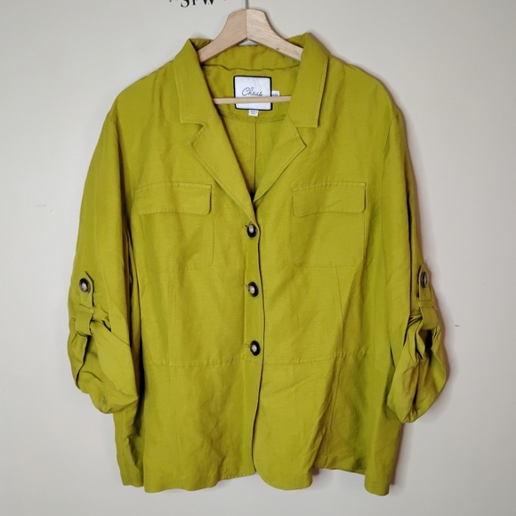 Chaus Linen-Blend Shacket — Chartreuse, Roll-Tab Sleeves, Pockets — 22W - Picture 2 of 8